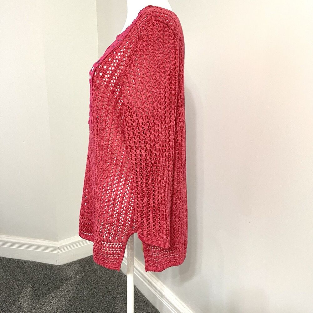 Chicos Sweater Sz 2 Womens Size Large Open Weave 3/4 Sleeve Top Beach Cover Pink - Picture 2 of 9